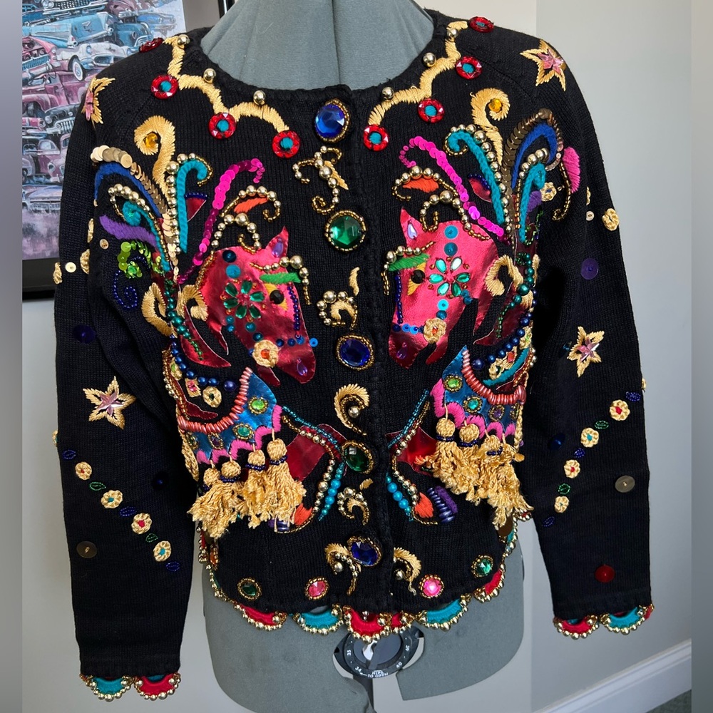 RARE Michael Simon S M Sweater Cardigan Vegas Circus Carousel Horse